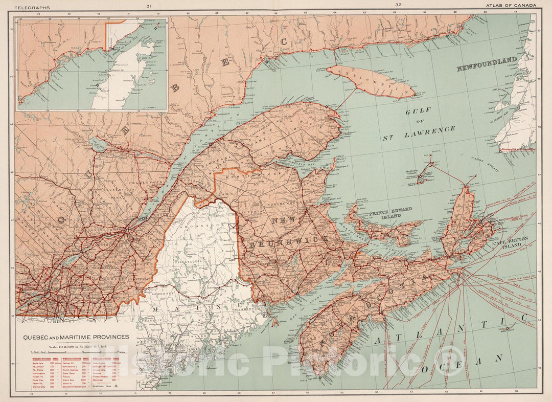 Historic Map : Quebec and Maritime Provinces. Telegraphs 1915 - Vintage Wall Art