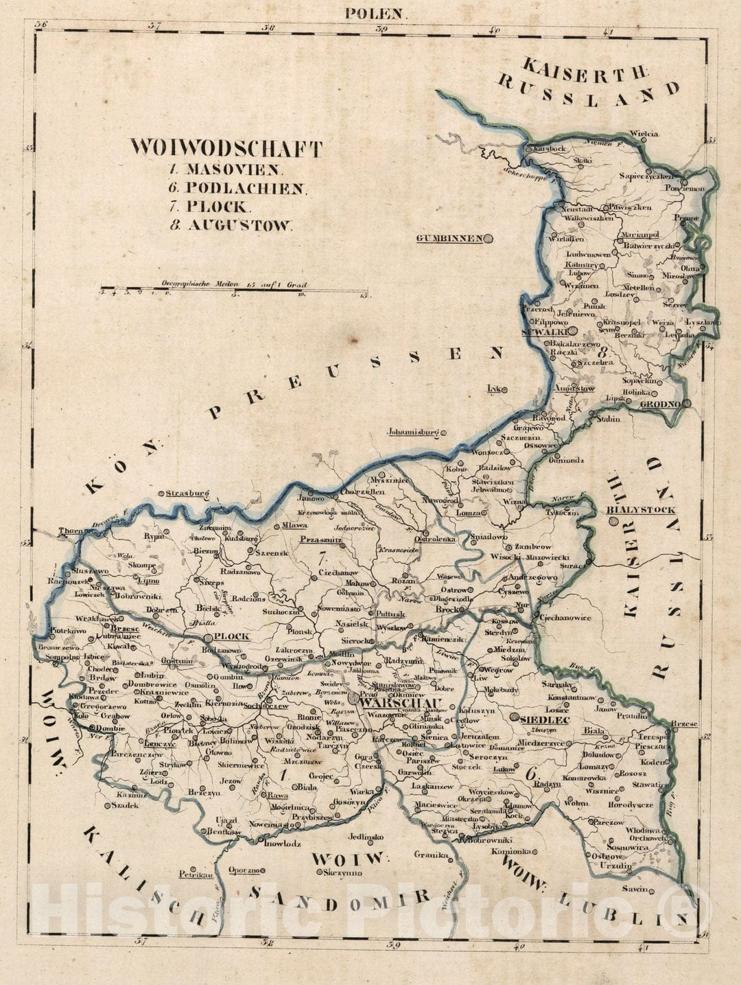 Historic Map : Poland, V.3:11-15:XIV. Polen. Woiwodschaft: 1. Mosovien. 6. Podlachien. 7. Plock. 8. Augustow 1829 , Vintage Wall Art