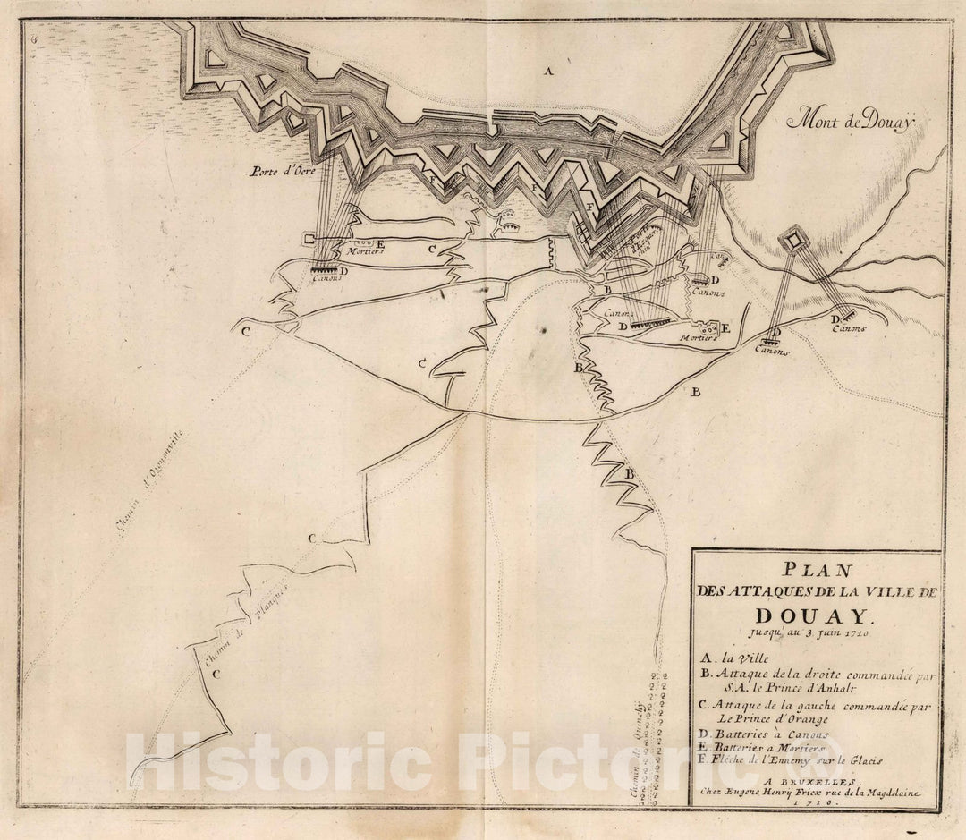 Historic Map : Douai , France,50. Les Attaques de la Ville de Douay (Douai), France. 1710. 1710 , Vintage Wall Art