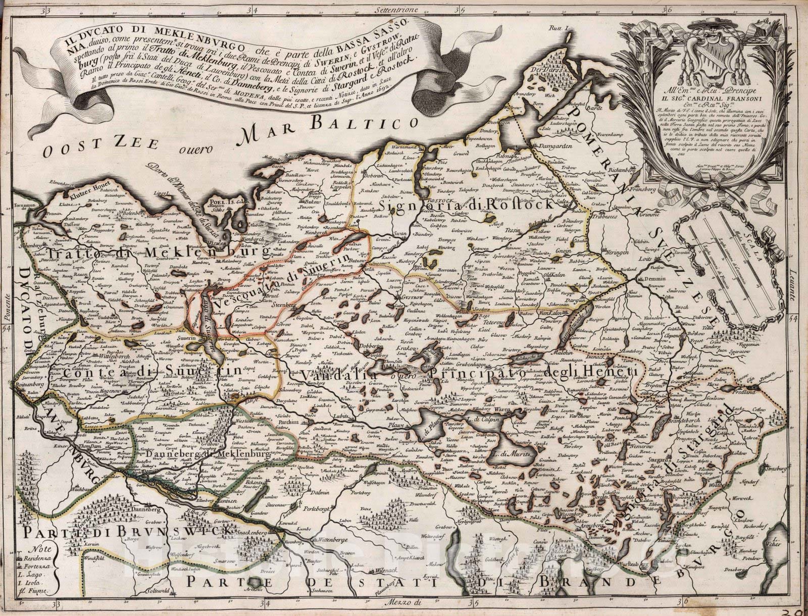 Historic Map : Germany, , EuropeIl Ducato di Meklenburgo che e parte della Bassa Sassonia 1692 , Vintage Wall Art