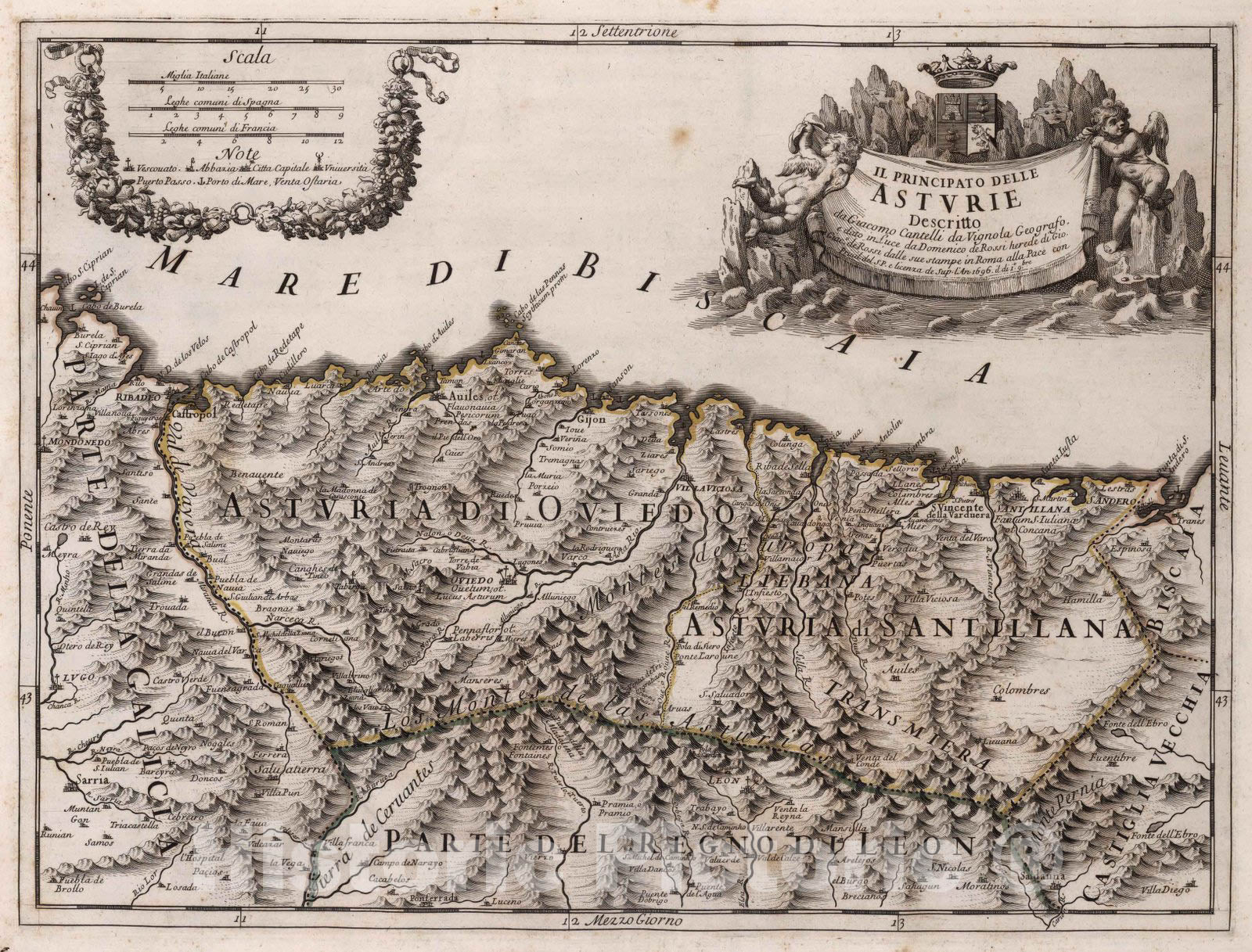 Historic Map : Spain, , EuropeIl principato delle Asturie 1696 , Vintage Wall Art