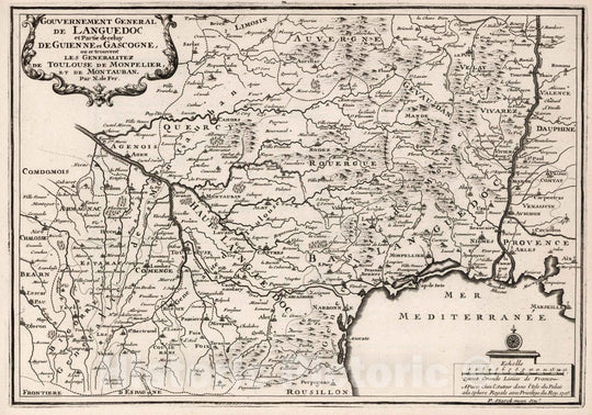 Historic Map : World Atlas Map, Gouvenement General de Languedoc et Partie de celuy de Guienne et Gascogne, France. 1705 - Vintage Wall Art