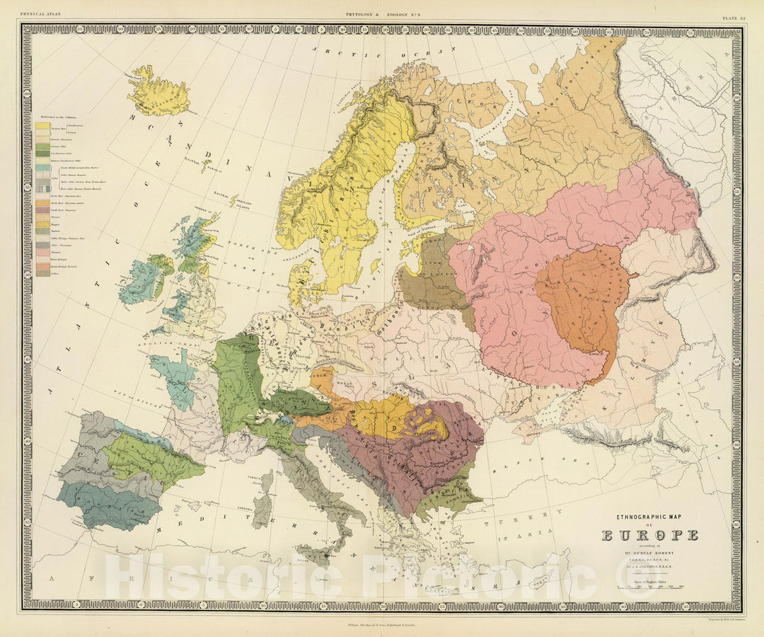 Historic Map : Physical Atlas Map, Ethnographic, Europe. 1856 - Vintage Wall Art