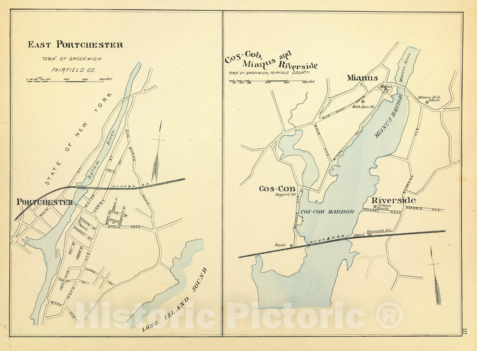 Historic Map : State Atlas Map, E. Portchester, Cos-Cob, Mianus, Riverside. 1893 - Vintage Wall Art