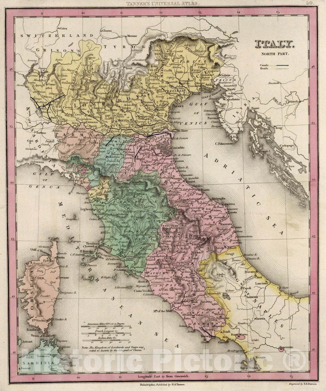 Historic Map : World Atlas Map, Italy (North Part). 1836 v1 Vintage Wall Art