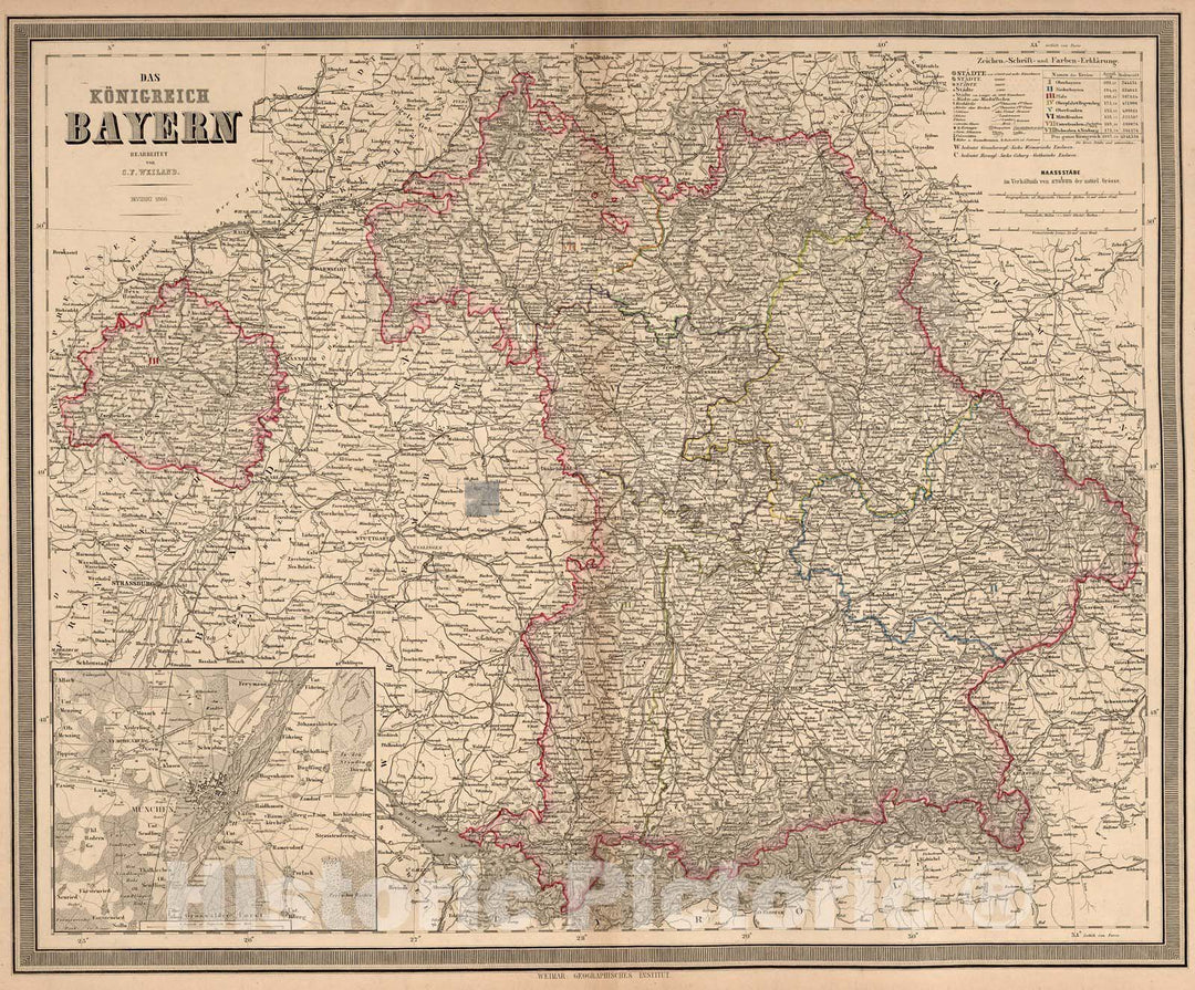 Historic Map : Germany, Bavaria , GermanyDas Konigreich Bayern 1866 , Vintage Wall Art