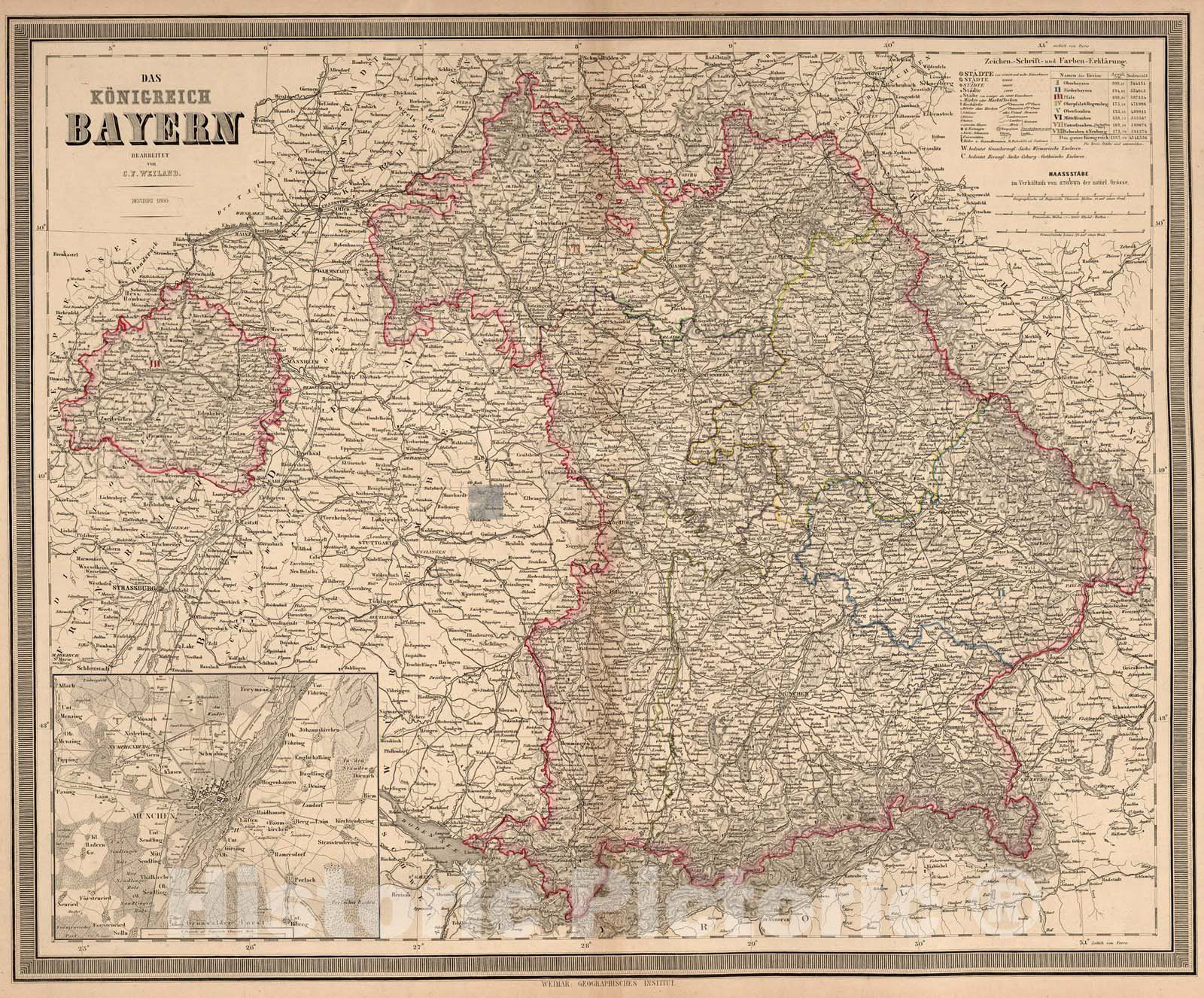 Historic Map : Germany, Bavaria , GermanyDas Konigreich Bayern 1866 , Vintage Wall Art