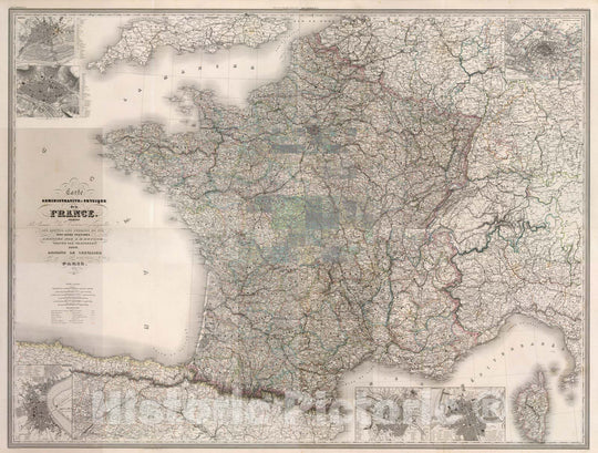 Historic Map : France, Composite Map: Carte administrative et physique de la France, 1863 , Vintage Wall Art