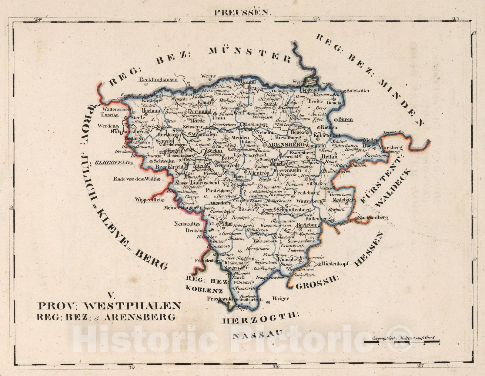 Historic Map : Prussia , Germany, V.2:6-10:X. Preussen. V. Prov: Westphalen. Reg: Bez: 3. Arensberg 1825 , Vintage Wall Art