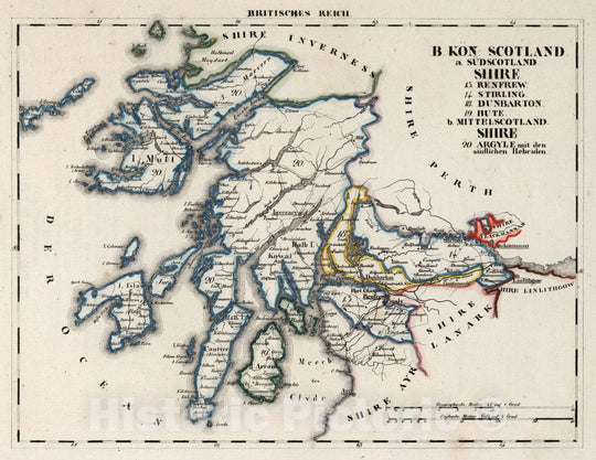 Historic Map : Scotland, V.3:11-15:XV. Britisches Reich. B. Kon: Scotland. a. Sudscotland. b. Mittelscotland 1830 v1 , Vintage Wall Art