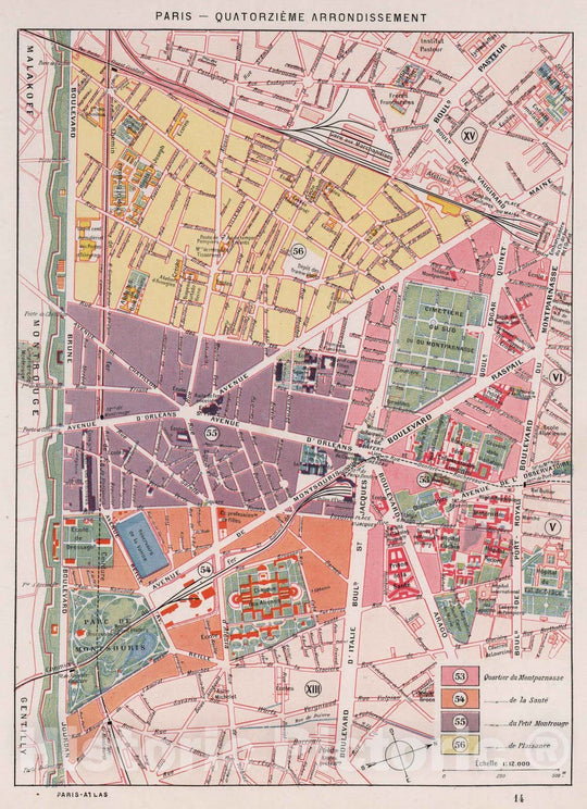 Historic Map : Paris , France, Paris (France), City Atlas Map, Paris - Quatorzieme Arrondissement. 1900 , Vintage Wall Art