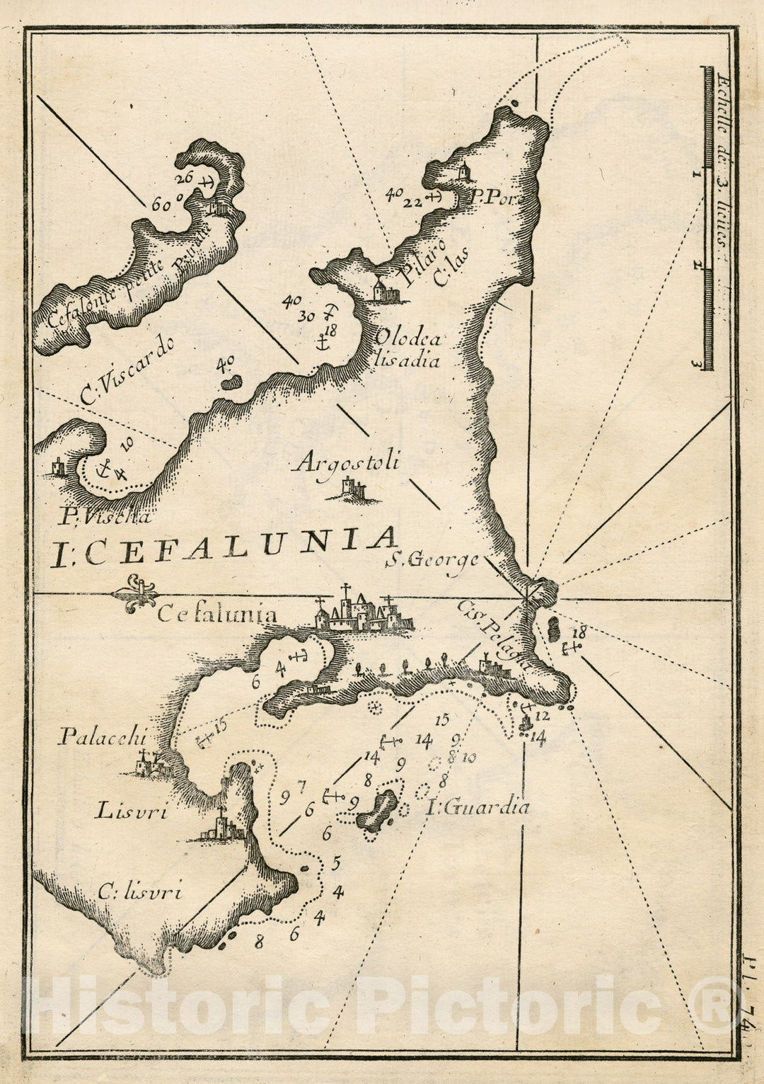 Historic Map - Chart Atlas Map, Pl. 74. Island of Kefalonia, Greece. 1764 - Vintage Wall Art