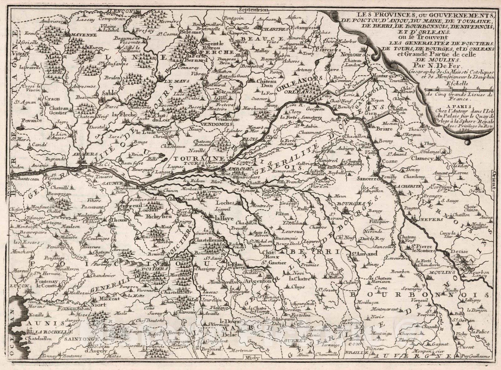 Historic Map : World Atlas Map, Poictou, Anjou, Maine, Touraine, Berri, Bourbonnois,Nivernois, et Orleans, France. 1705 - Vintage Wall Art