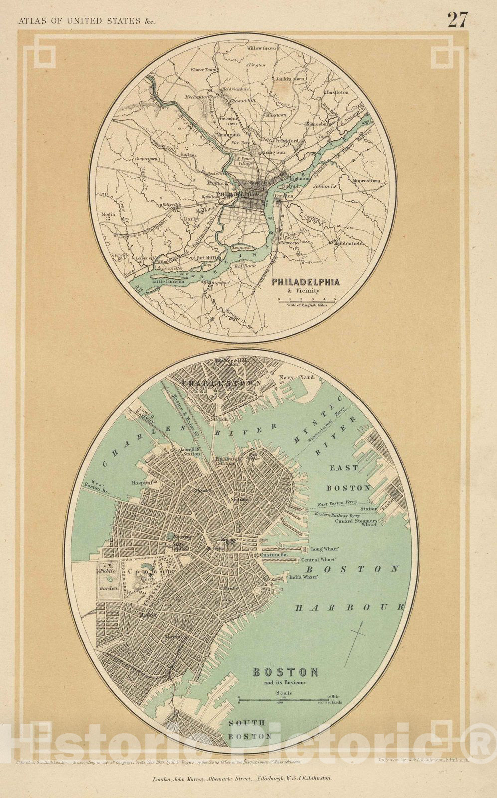 Historic Map : Philadelphia & Vicinity (and) Boston and its Environs, 1857, Henry Darwin Rogers, Vintage Wall Art