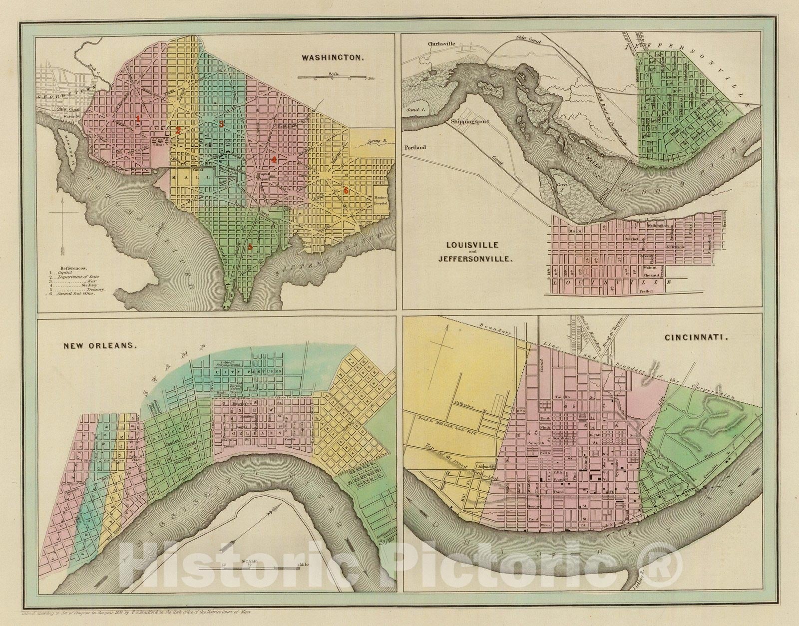 Historic Map : Washington. Louisville and Jeffersonville. New Orleans. Cincinnati. 1838 - Vintage Wall Art