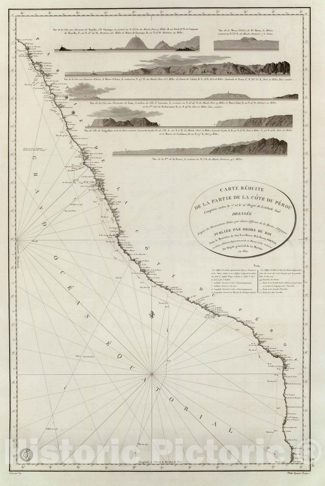 Historic Map : Chile; Peru, Chart Map, Cote, Perou. 1821 , Vintage Wall Art