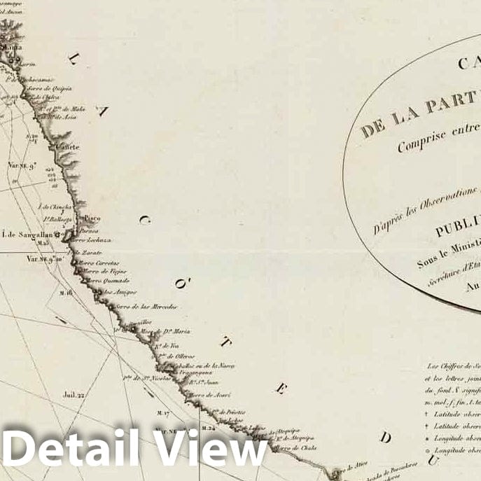 Historic Map : Chile; Peru, Chart Map, Cote, Perou. 1821 , Vintage Wall Art