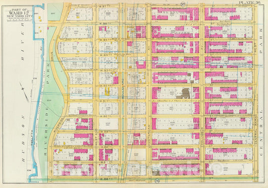 Historic Map : Manhattan Fire Insurance City Atlas Map, Pl. 36: ward 12. 1891 - Vintage Wall Art