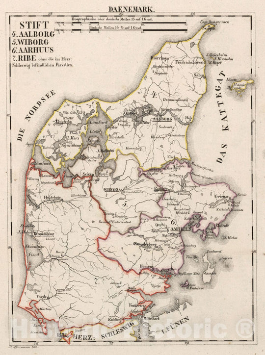 Historic Map : Denmark, V.1:1-5: V: II: Daenemark: Stift. 4. Aalborg. 5. Wiborg. 6. Aarhuus. 7. Ribe 1825 , Vintage Wall Art