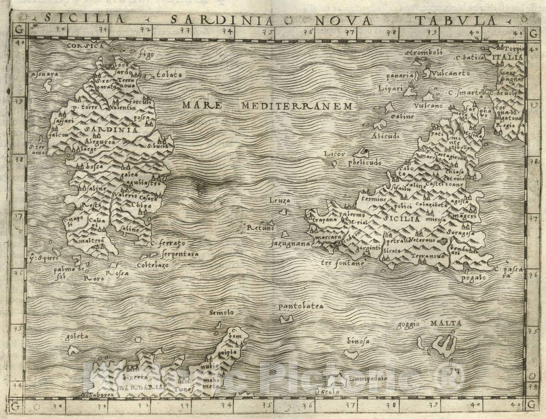 Historic Map : Sardinia (Italy)Sicilia, Sardinia Nova Tabula 1548 , Vintage Wall Art