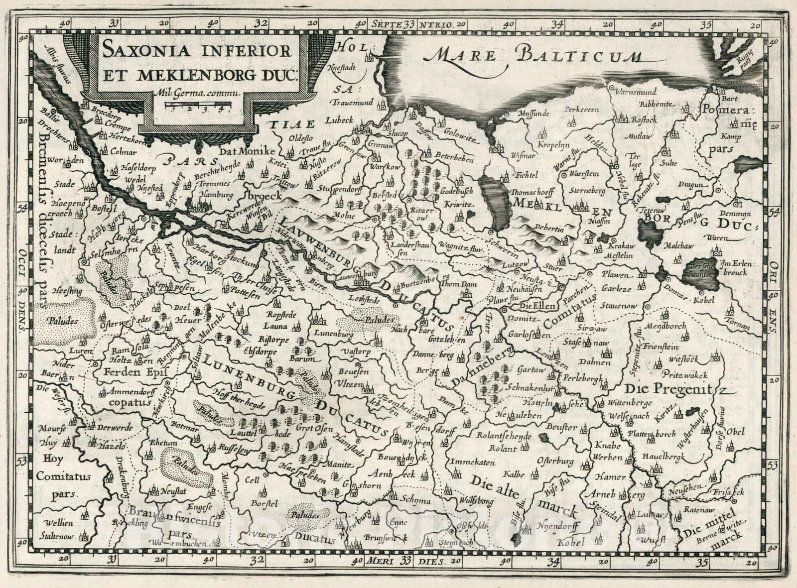 Historic Wall Map : Germany,Saxonia Inferior Et Meklenborg Duc. 1636 , Vintage Wall Art