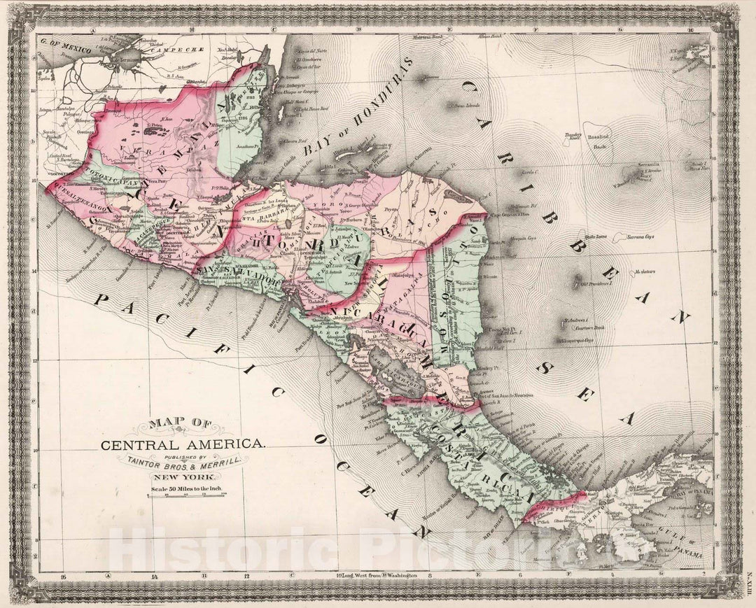 Historic Map : World Atlas Map, Central America. 1874 - Vintage Wall Art