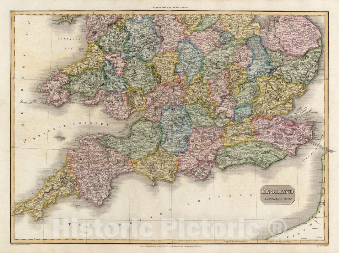 Historic Map - World Atlas Map, England, southern part. 1811 - Vintage Wall Art