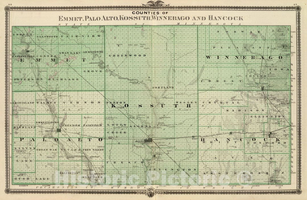 Historic Map : State Atlas Map, Counties of Emmet, Palo Alto, Kossuth, Winnebago and Hancock, State of Iowa. 1875 - Vintage Wall Art