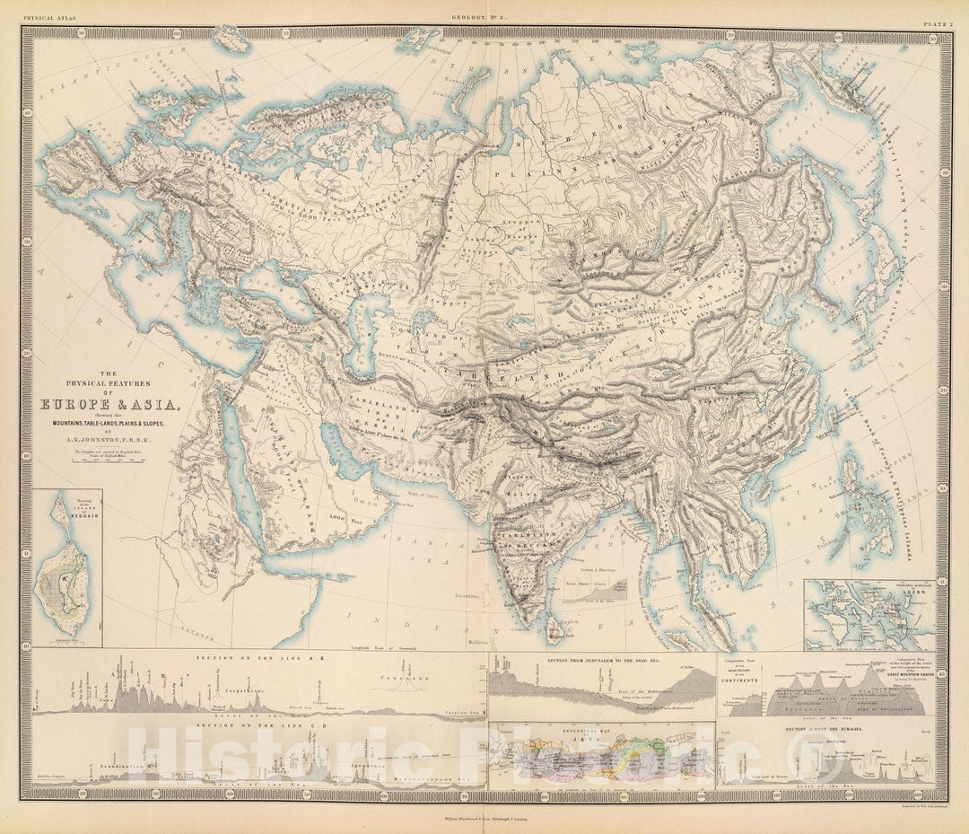 Historic Map : Physical Atlas Map, Physical Europe & Asia. 1856 - Vintage Wall Art