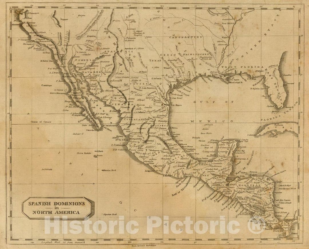 Historic Map : World Atlas Map, Spanish dominions in North America. 1812 - Vintage Wall Art