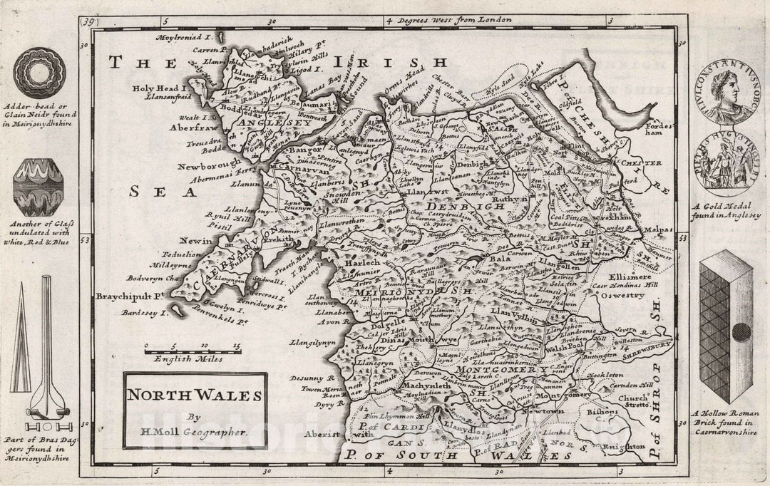 Historic Map : North Wales. By H. Moll Geographer 1724 - Vintage Wall Art