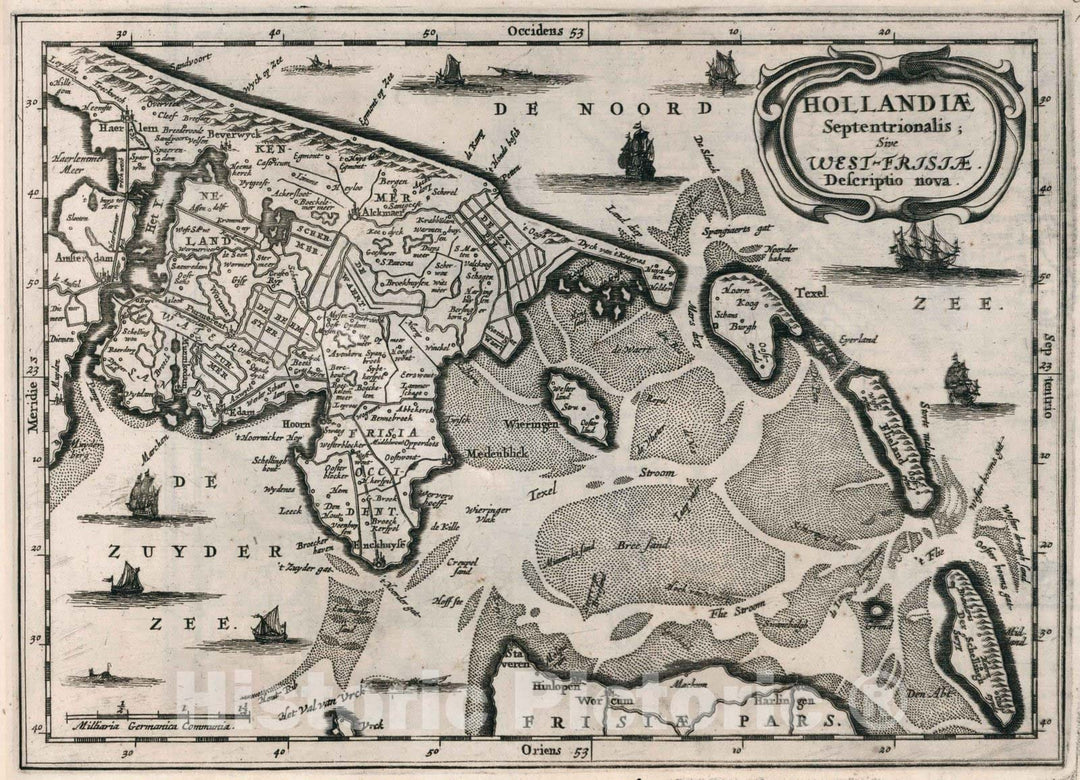 Historic Map : Netherlands,Hollandiae Septentrionalis Sive West-Frisiae Descriptio nova 1636 , Vintage Wall Art