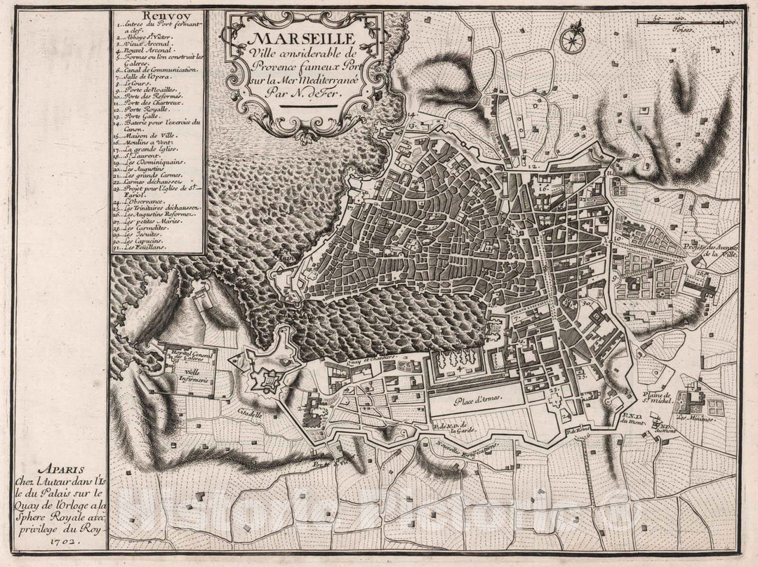 Historic Map : Marseille , France,Marseille, France. 1702 , Vintage Wall Art