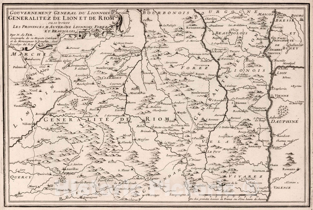 Historic Map : World Atlas Map, Gouvernement General du Lionnois Generalitez de Lion et de Riom, France. 1717 - Vintage Wall Art