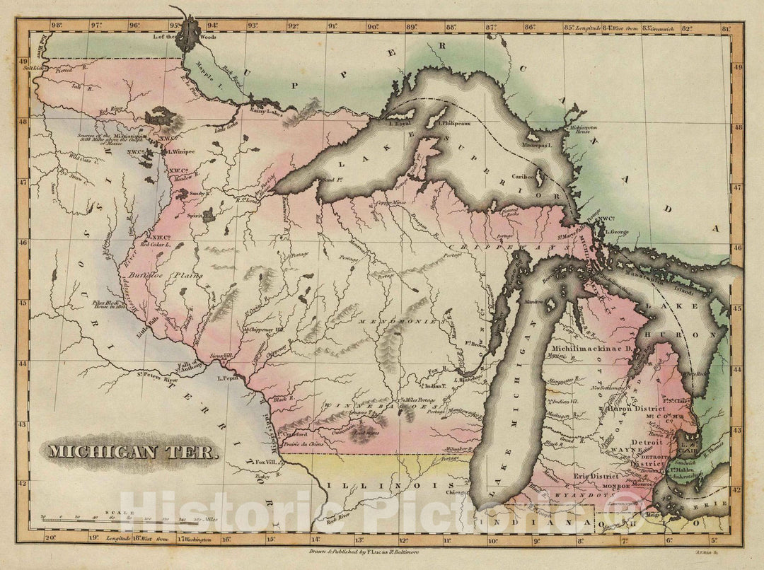 Historic Map : Michigan,Michigan Ter. 1823 , Vintage Wall Art