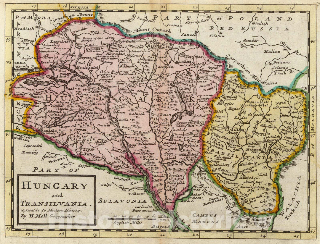 Historic Map : World Atlas Map, Hungary and Transilvania. 1736 - Vintage Wall Art