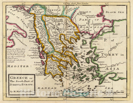 Historic Map : World Atlas Map, Greece or the south part of Turky in Europe. 1736 - Vintage Wall Art