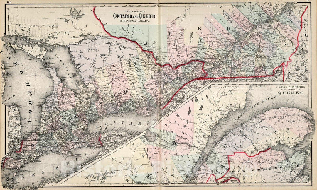 Historic Map : Ontario and Quebec. 1884 - Vintage Wall Art