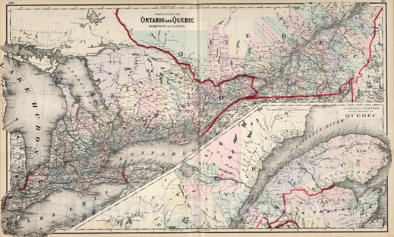 Historic Map : Ontario and Quebec. 1884 - Vintage Wall Art