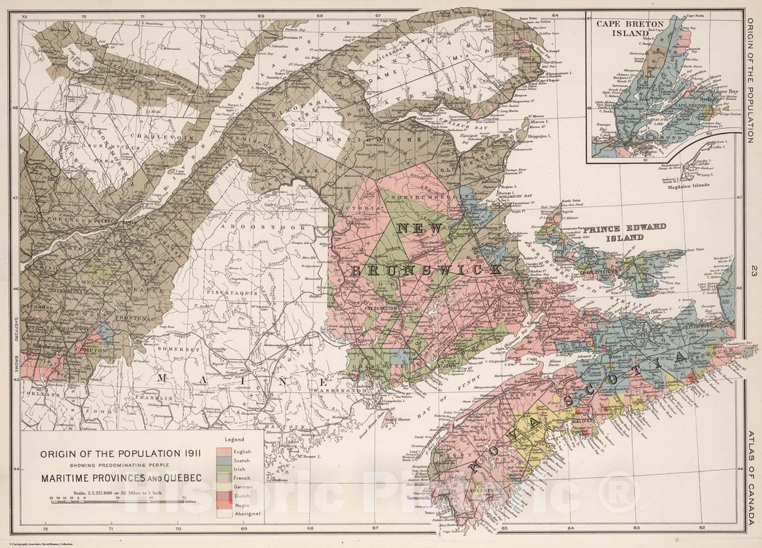 Historic Map : Origin of the population 1911. Maritime Provinces and Quebec 1915 - Vintage Wall Art