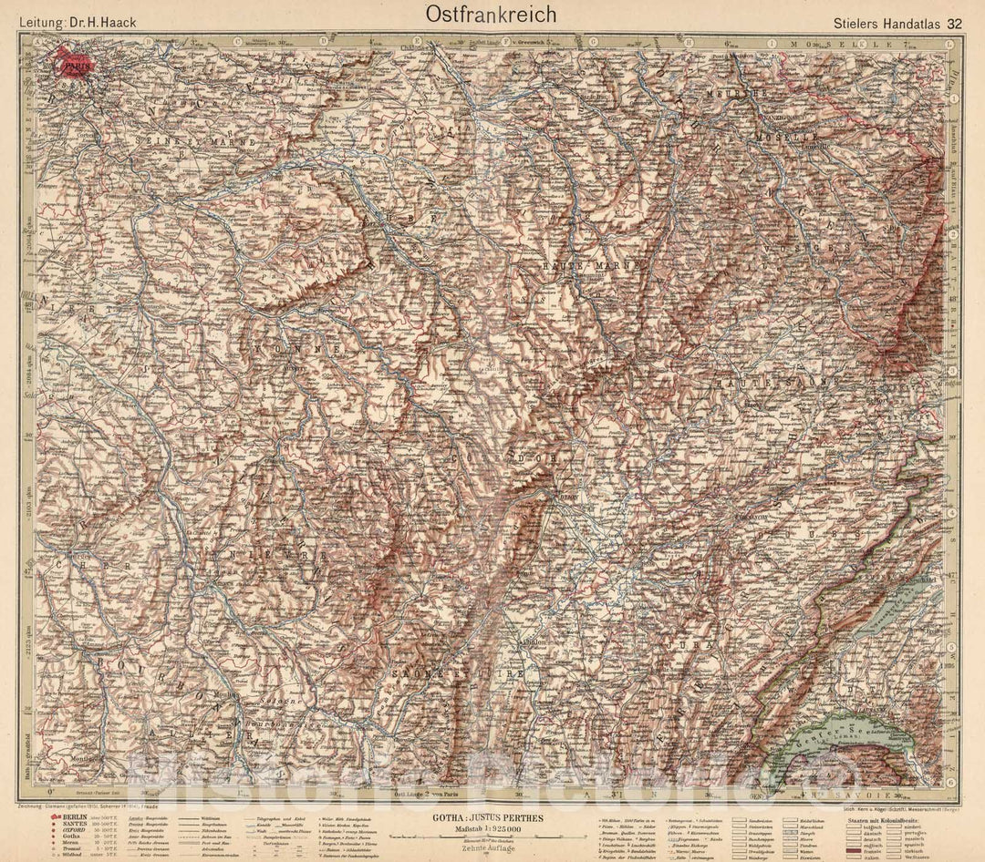 Historic Map : World Atlas Map, 32. Ostfrankreich. Eastern France. 1925 - Vintage Wall Art