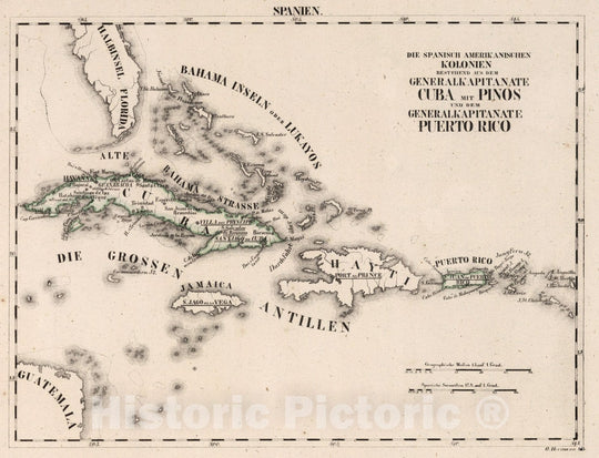 Historic Map : Cuba, V.1:1-5: IV: Spanien. Die Spanisch Amerikanischen Kolonien.Cuba mit Pinos.Puerto Rico 1825 , Vintage Wall Art