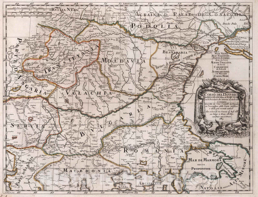 Historic Map : Danube River, EuropeCorso del Danubio da Belgrado fino al Mar Nero 1684 , Vintage Wall Art