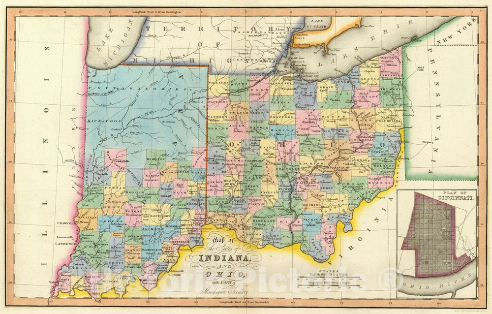 Historic Map : Indiana, Ohio. 1832 - Vintage Wall Art