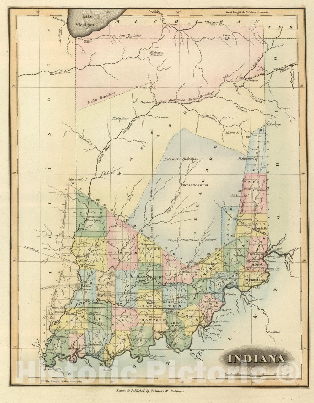 Historic Map - World Atlas Map, Indiana. 1817 - Vintage Wall Art