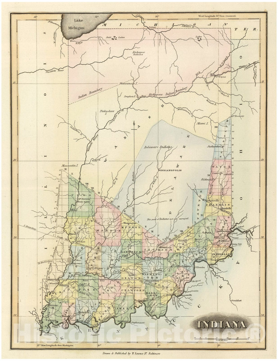 Historic Map - World Atlas Map, Indiana. 1817 - Vintage Wall Art