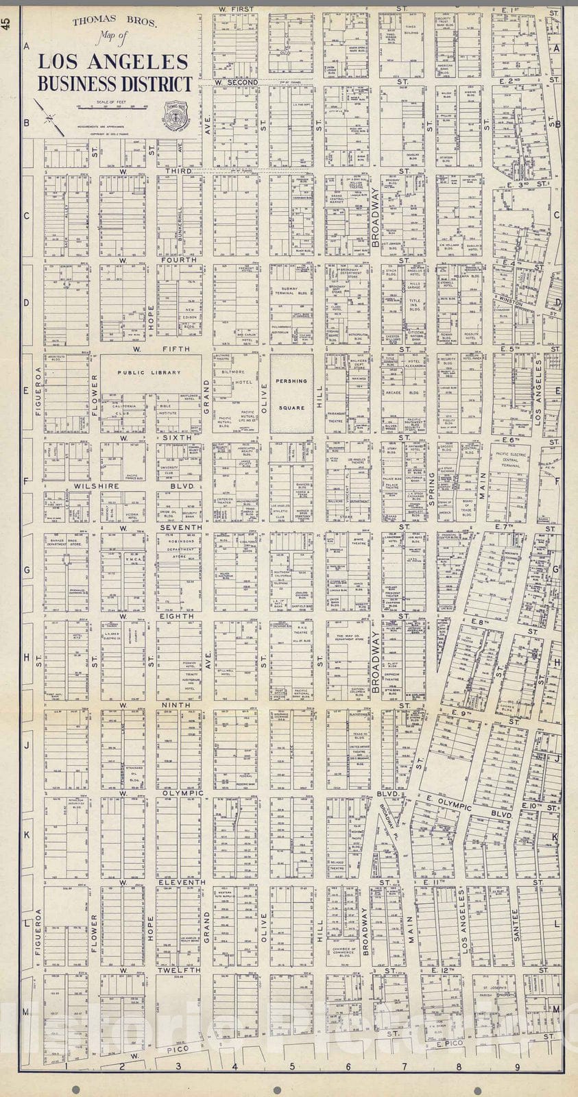 Historic Map : Thomas Bros. Map of Los Angeles Business District, California, 1938 - Vintage Wall Art