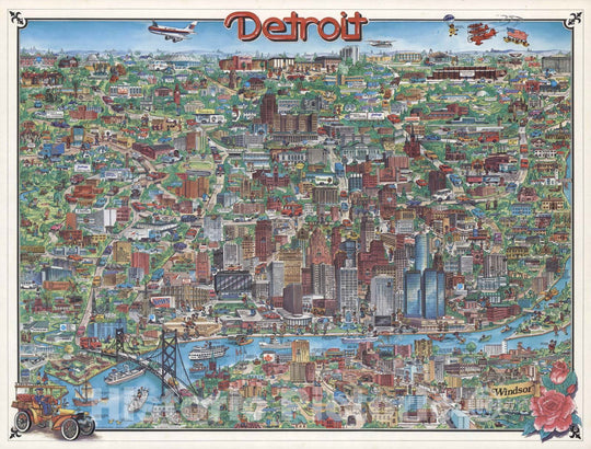 Historic Map : Detroit. City design Print. Produced and Published by Archar Inc. 1977 - Vintage Wall Art