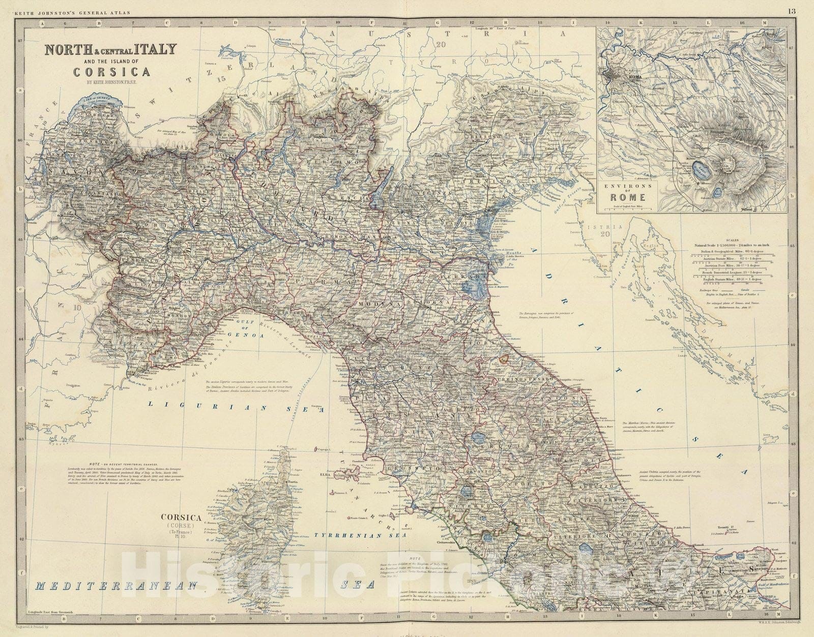 Historic Map : World Atlas Map, Italy N, central. 1861 - Vintage Wall Art