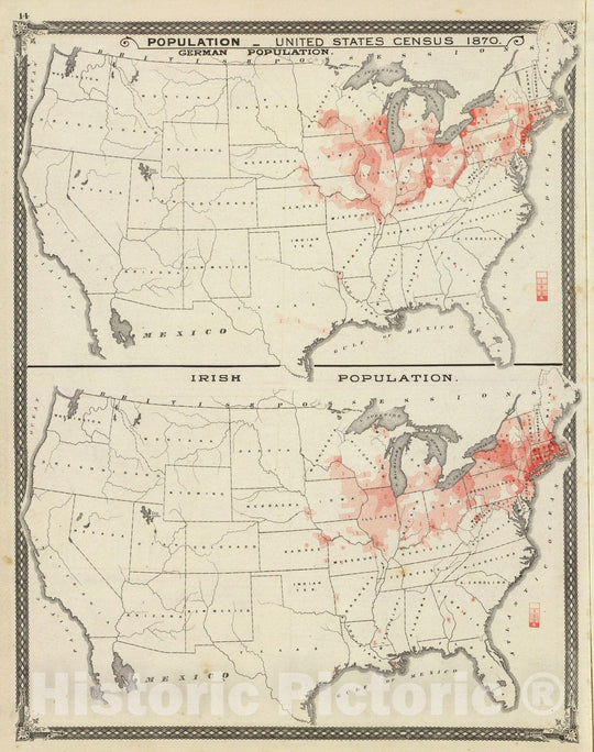 Historic Map : State Atlas Map, Population - United States census, 1870. German population. Irish population. 1876 - Vintage Wall Art
